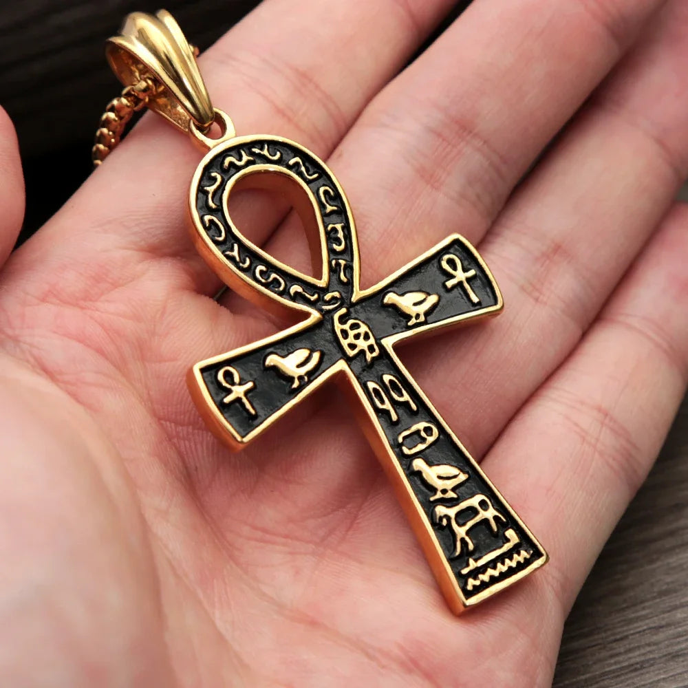 Fashion Ancient Egyptian Ankh Cross Necklace For Men Stainless Steel Gold Color/ Silver Color Biker Pendant Amulet Jewelry