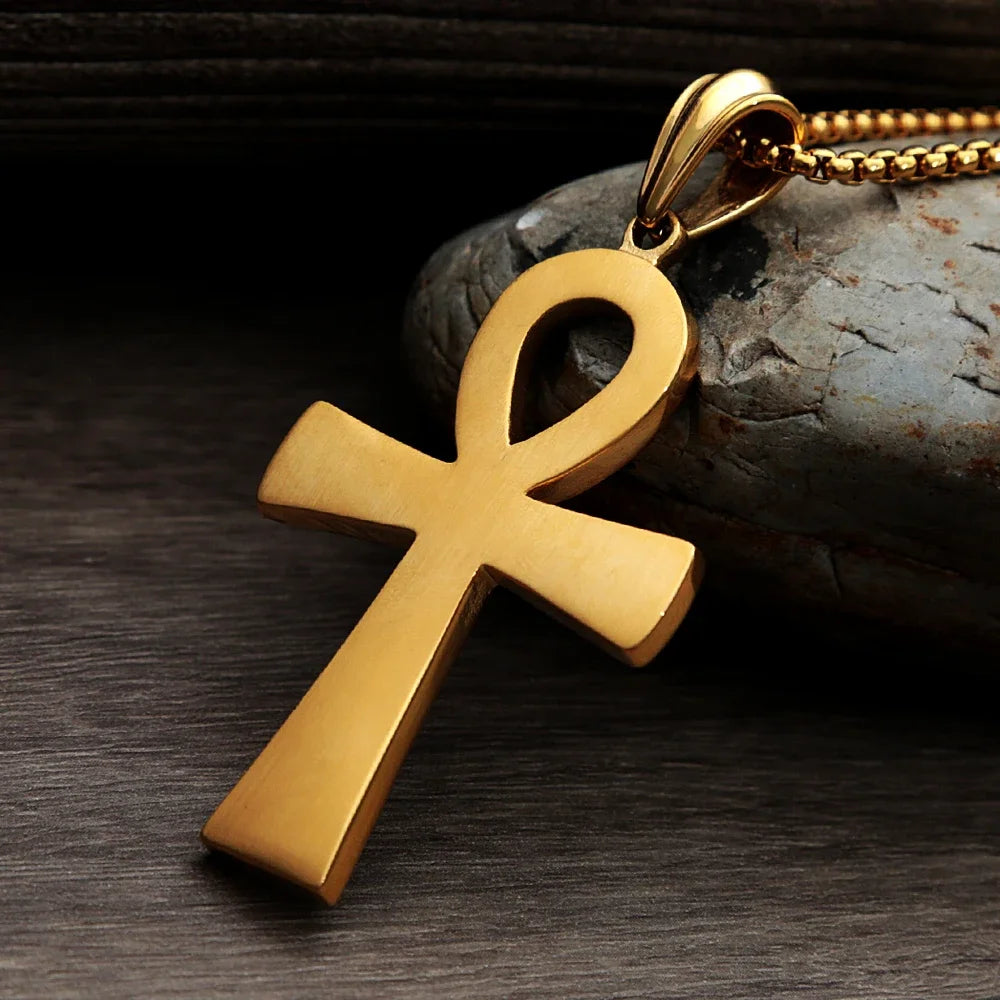 Fashion Ancient Egyptian Ankh Cross Necklace For Men Stainless Steel Gold Color/ Silver Color Biker Pendant Amulet Jewelry