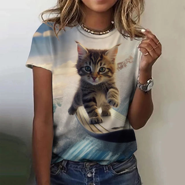 Fashion Women's T-shirt Animal 3D Print Kawaii Cat Graphic Tee Tops Summer Short Sleeve T Shirt Casual Wowen Top Design Clothes