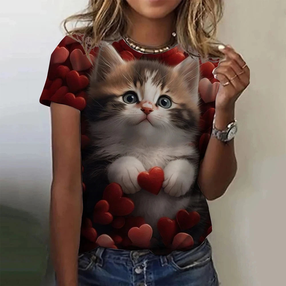 Fashion Women's T-shirt Animal 3D Print Kawaii Cat Graphic Tee Tops Summer Short Sleeve T Shirt Casual Wowen Top Design Clothes