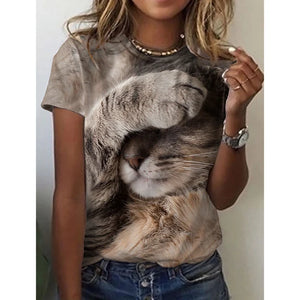 Fashion Womens T-shirt 3D Kawaii Cat Print Tees Tops 2024 New Harujuku Animal Short Sleeve T Shirt Oversized Loose Woman Clothes