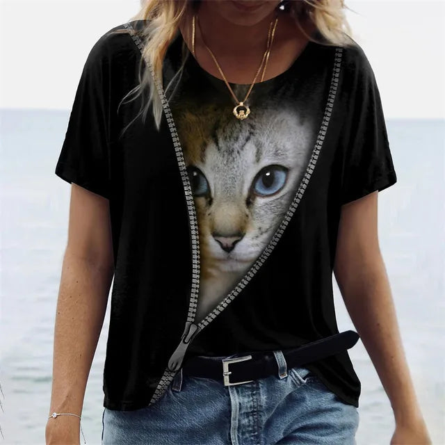 Fashion Womens T-shirt 3D Kawaii Cat Print Tees Tops 2024 New Harujuku Animal Short Sleeve T Shirt Oversized Loose Woman Clothes