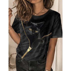 Fashion Womens T-shirt 3D Kawaii Cat Print Tees Tops 2024 New Harujuku Animal Short Sleeve T Shirt Oversized Loose Woman Clothes