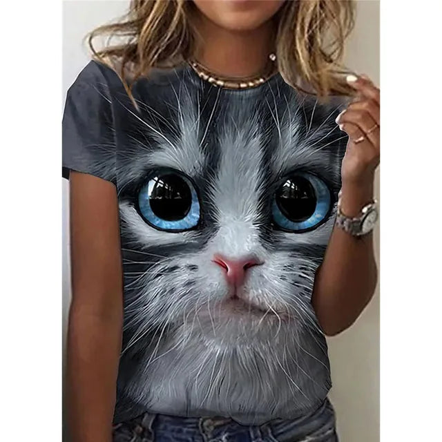 Fashion Womens T-shirt 3D Kawaii Cat Print Tees Tops 2024 New Harujuku Animal Short Sleeve T Shirt Oversized Loose Woman Clothes