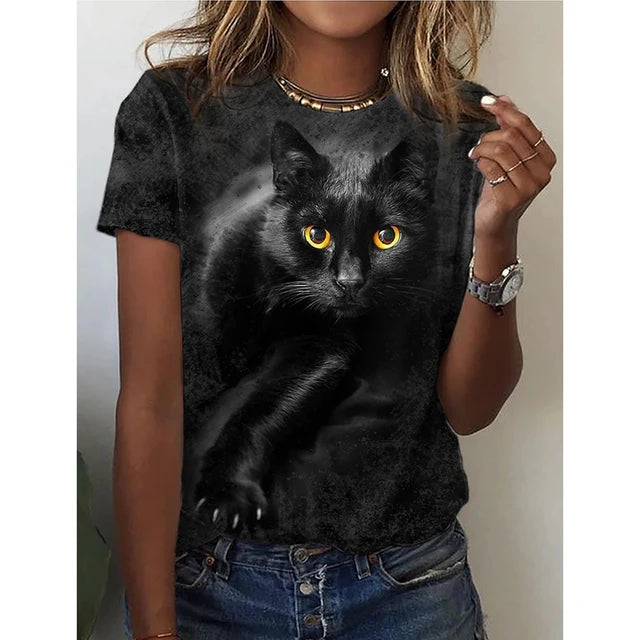 Fashion Womens T-shirt 3D Kawaii Cat Print Tees Tops 2024 New Harujuku Animal Short Sleeve T Shirt Oversized Loose Woman Clothes