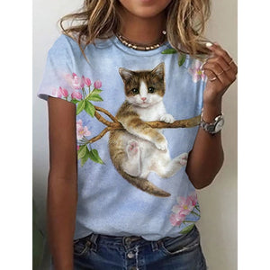 Fashion Womens T-shirt 3D Kawaii Cat Print Tees Tops 2024 New Harujuku Animal Short Sleeve T Shirt Oversized Loose Woman Clothes