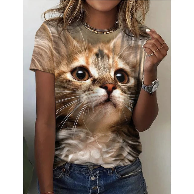 Fashion Womens T-shirt 3D Kawaii Cat Print Tees Tops 2024 New Harujuku Animal Short Sleeve T Shirt Oversized Loose Woman Clothes