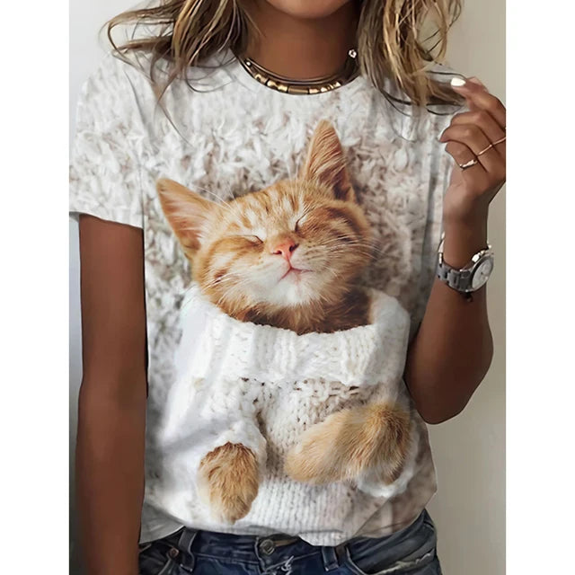 Fashion Womens T-shirt 3D Kawaii Cat Print Tees Tops 2024 New Harujuku Animal Short Sleeve T Shirt Oversized Loose Woman Clothes