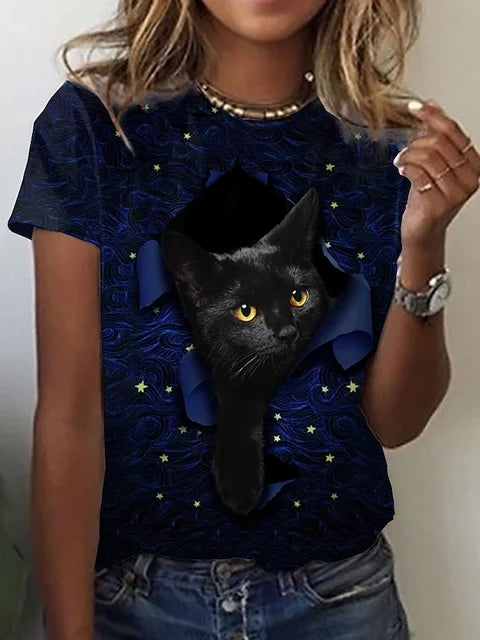 Fashion Womens T-shirt 3D Kawaii Cat Print Tees Tops 2024 New Harujuku Animal Short Sleeve T Shirt Oversized Loose Woman Clothes