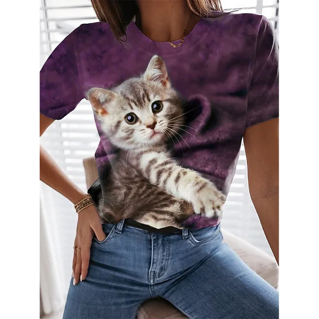 Fashion Womens T-shirt 3D Kawaii Cat Print Tees Tops 2024 New Harujuku Animal Short Sleeve T Shirt Oversized Loose Woman Clothes