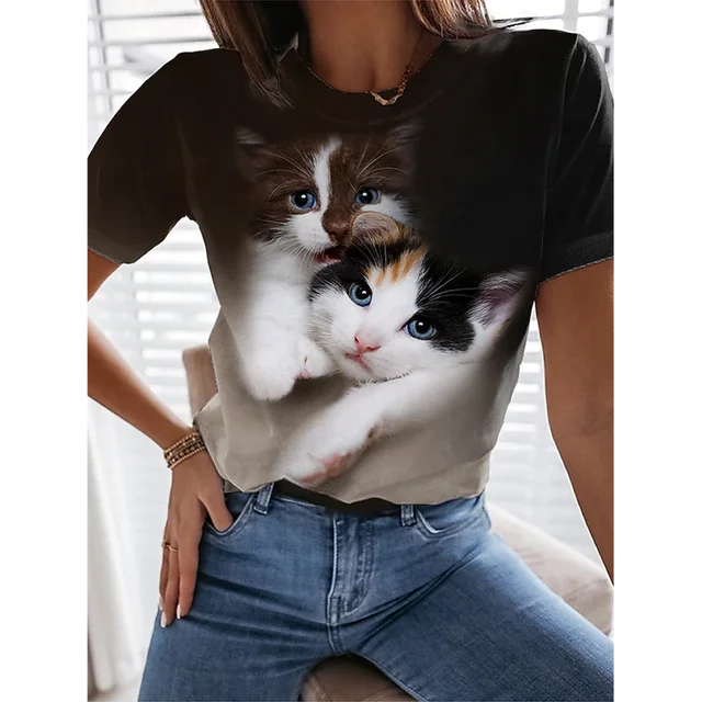 Fashion Womens T-shirt 3D Kawaii Cat Print Tees Tops 2024 New Harujuku Animal Short Sleeve T Shirt Oversized Loose Woman Clothes