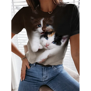 Fashion Womens T-shirt 3D Kawaii Cat Print Tees Tops 2024 New Harujuku Animal Short Sleeve T Shirt Oversized Loose Woman Clothes