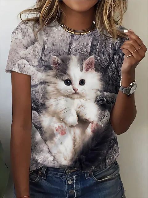 Fashion Womens T-shirt 3D Kawaii Cat Print Tees Tops 2024 New Harujuku Animal Short Sleeve T Shirt Oversized Loose Woman Clothes