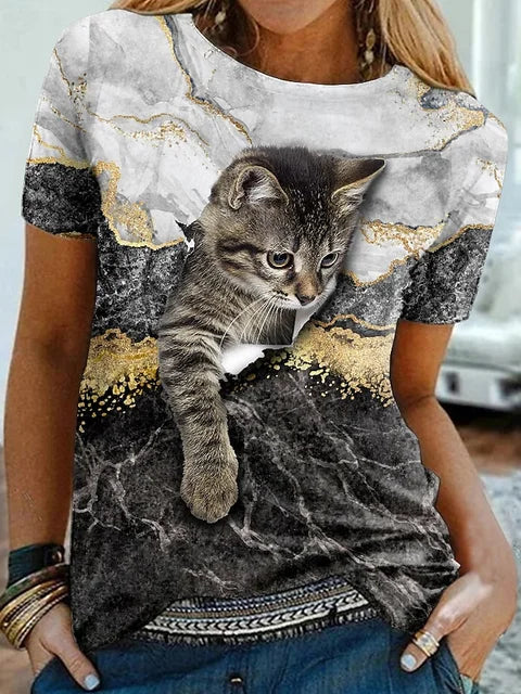 Fashion Womens T-shirt 3D Kawaii Cat Print Tees Tops 2024 New Harujuku Animal Short Sleeve T Shirt Oversized Loose Woman Clothes