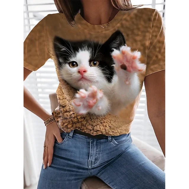 Fashion Womens T-shirt 3D Kawaii Cat Print Tees Tops 2024 New Harujuku Animal Short Sleeve T Shirt Oversized Loose Woman Clothes