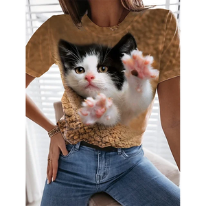 Fashion Womens T-shirt 3D Kawaii Cat Print Tees Tops 2024 New Harujuku Animal Short Sleeve T Shirt Oversized Loose Woman Clothes