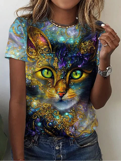 Fashion Womens T-shirt 3D Kawaii Cat Print Tees Tops 2024 New Harujuku Animal Short Sleeve T Shirt Oversized Loose Woman Clothes