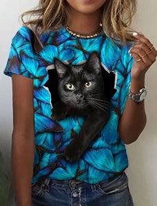 Fashion Womens T-shirt 3D Kawaii Cat Print Tees Tops 2024 New Harujuku Animal Short Sleeve T Shirt Oversized Loose Woman Clothes