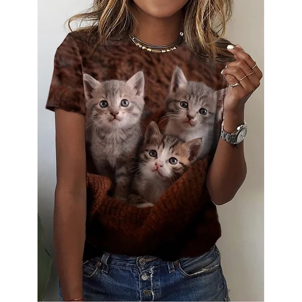 Fashion Womens T-shirt 3D Kawaii Cat Print Tees Tops 2024 New Harujuku Animal Short Sleeve T Shirt Oversized Loose Woman Clothes