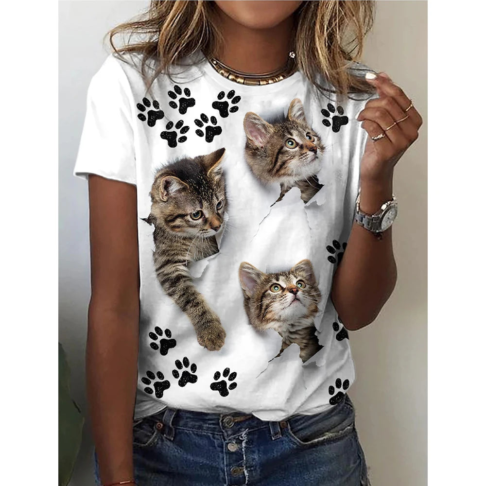 Fashion Womens T-shirt 3D Kawaii Cat Print Tees Tops 2024 New Harujuku Animal Short Sleeve T Shirt Oversized Loose Woman Clothes