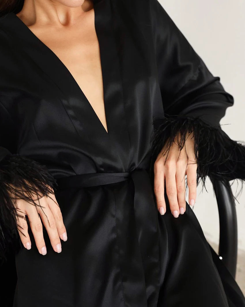 Feather Bathrobes Satin Sexy Mini Dress Long Sleeve Loose Peignoirs For Women Robe White Wedding Dress Black Bride Dresses