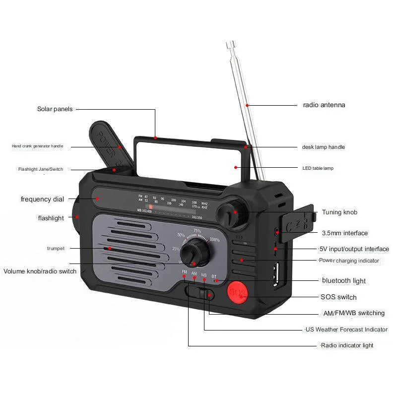 Hand-cranked Electric Flashlight Outdoor Emergency Radio Mobile Power Solar Multifunctional Radio