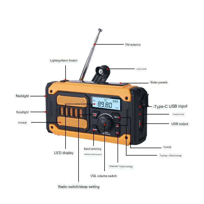 Hand-cranked Electric Flashlight Outdoor Emergency Radio Mobile Power Solar Multifunctional Radio