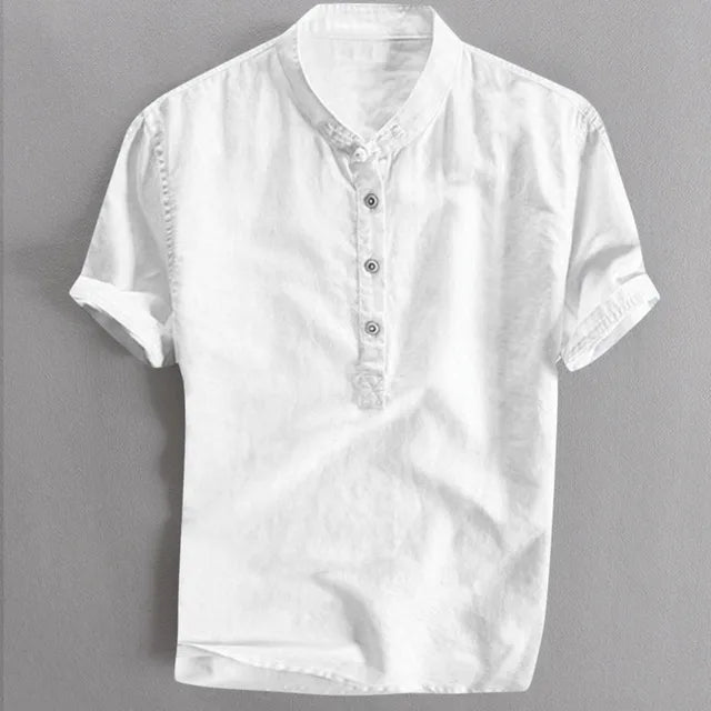 Henley Shirt Men's Cool And Thin Breathable Summer Shirts Button Stand Collar Cotton Linen Shirt Hawaii Beachwear Blouse Chemise