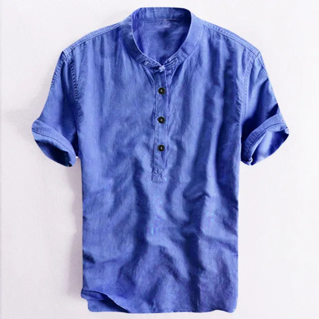 Henley Shirt Men's Cool And Thin Breathable Summer Shirts Button Stand Collar Cotton Linen Shirt Hawaii Beachwear Blouse Chemise