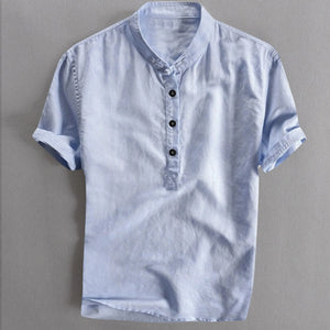 Henley Shirt Men's Cool And Thin Breathable Summer Shirts Button Stand Collar Cotton Linen Shirt Hawaii Beachwear Blouse Chemise