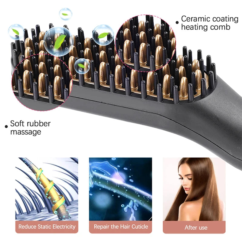 Hot Comb Straightener Electric Negative Ion Heating Comb For Men Beard Hair Straightening Brush Wet Dry Use Quick Hair Styler