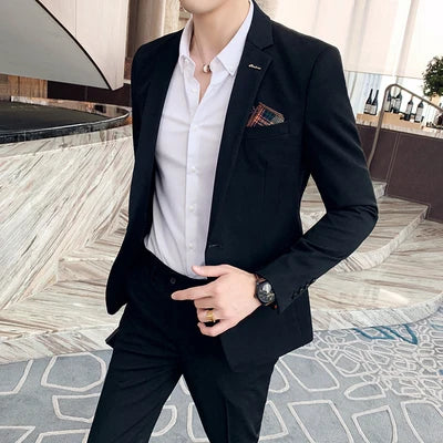 (Jacket+Pants) Fashion Men's Pure Color Leisure Suits Gray Blue Black Slim Fit Men Business Banquet Suit Set Plus Size 6XL 7XL