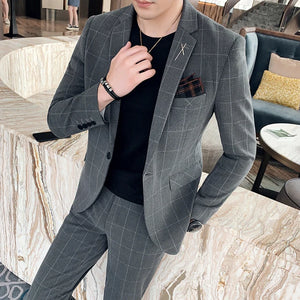 (Jacket+Pants) Fashion Men's Pure Color Leisure Suits Gray Blue Black Slim Fit Men Business Banquet Suit Set Plus Size 6XL 7XL