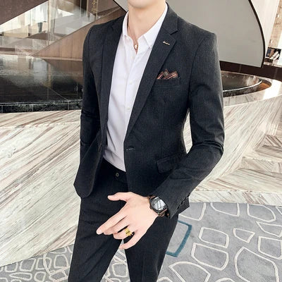 (Jacket+Pants) Fashion Men's Pure Color Leisure Suits Gray Blue Black Slim Fit Men Business Banquet Suit Set Plus Size 6XL 7XL