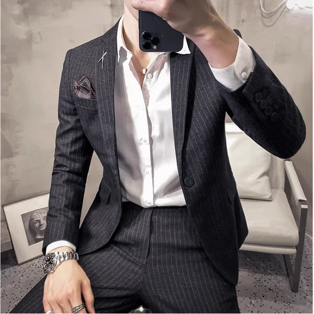 (Jacket+Pants) Fashion Men's Pure Color Leisure Suits Gray Blue Black Slim Fit Men Business Banquet Suit Set Plus Size 6XL 7XL