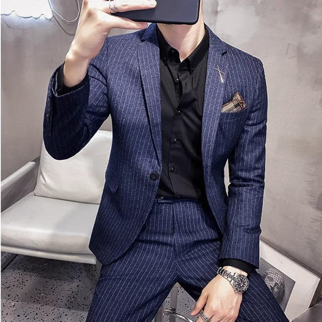 (Jacket+Pants) Fashion Men's Pure Color Leisure Suits Gray Blue Black Slim Fit Men Business Banquet Suit Set Plus Size 6XL 7XL