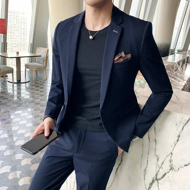 (Jacket+Pants) Fashion Men's Pure Color Leisure Suits Gray Blue Black Slim Fit Men Business Banquet Suit Set Plus Size 6XL 7XL