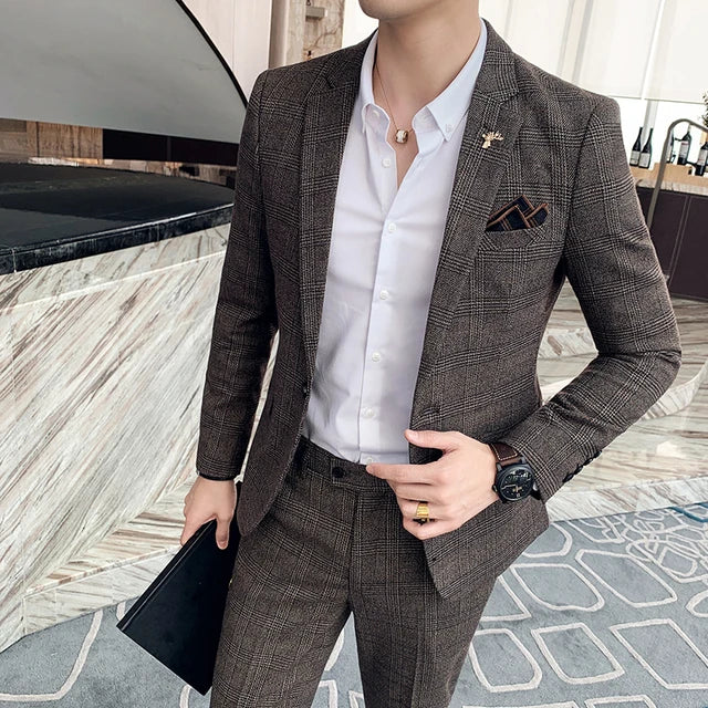 (Jacket+Pants) Fashion Men's Pure Color Leisure Suits Gray Blue Black Slim Fit Men Business Banquet Suit Set Plus Size 6XL 7XL