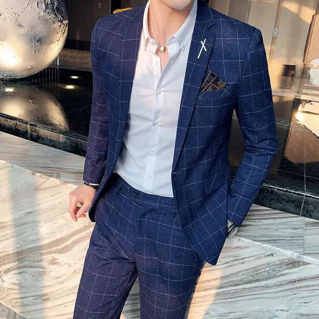 (Jacket+Pants) Fashion Men's Pure Color Leisure Suits Gray Blue Black Slim Fit Men Business Banquet Suit Set Plus Size 6XL 7XL