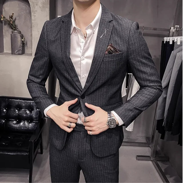 (Jacket+Pants) Fashion Men's Pure Color Leisure Suits Gray Blue Black Slim Fit Men Business Banquet Suit Set Plus Size 6XL 7XL