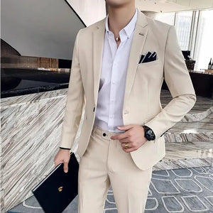 (Jacket+Pants) Fashion Men's Pure Color Leisure Suits Gray Blue Black Slim Fit Men Business Banquet Suit Set Plus Size 6XL 7XL