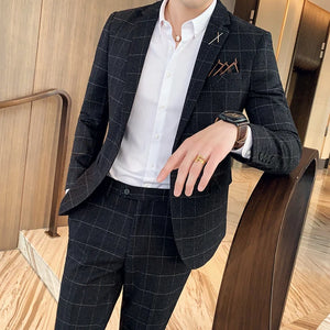 (Jacket+Pants) Fashion Men's Pure Color Leisure Suits Gray Blue Black Slim Fit Men Business Banquet Suit Set Plus Size 6XL 7XL