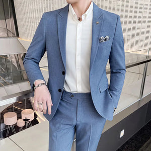 (Jacket+Pants) Fashion Men's Pure Color Leisure Suits Gray Blue Black Slim Fit Men Business Banquet Suit Set Plus Size 6XL 7XL