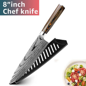 Kitchen Knife Set Chef Knives Japanese 7CR17 440C High Carbon Stainless Steel Imitation Damascus Sanding Laser Knife