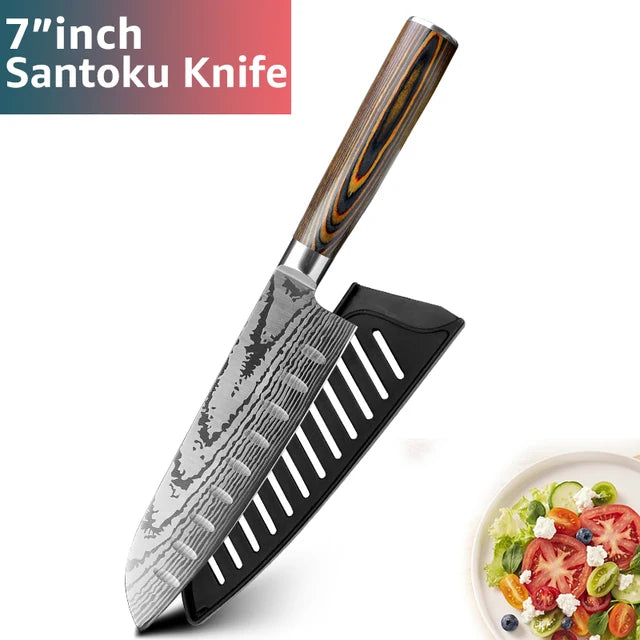 Kitchen Knife Set Chef Knives Japanese 7CR17 440C High Carbon Stainless Steel Imitation Damascus Sanding Laser Knife