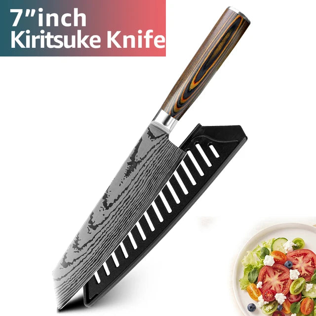 Kitchen Knife Set Chef Knives Japanese 7CR17 440C High Carbon Stainless Steel Imitation Damascus Sanding Laser Knife