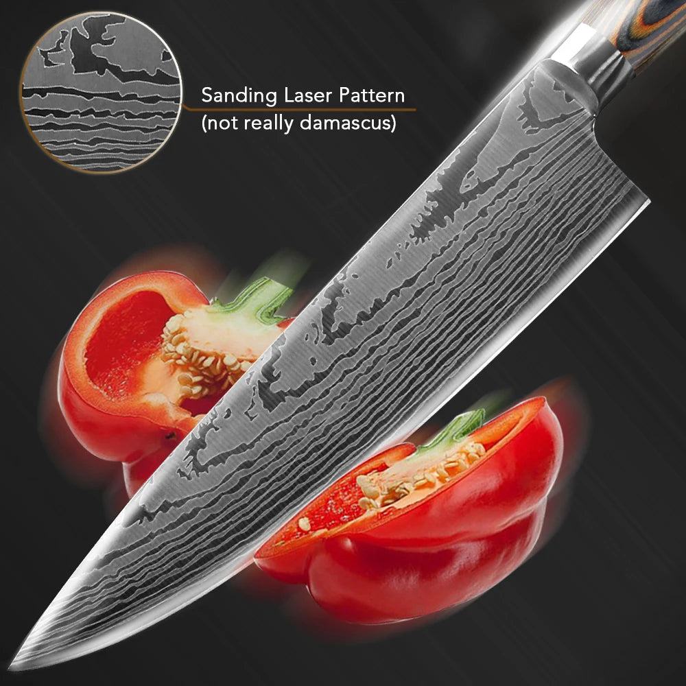 Kitchen Knife Set Chef Knives Japanese 7CR17 440C High Carbon Stainless Steel Imitation Damascus Sanding Laser Knife