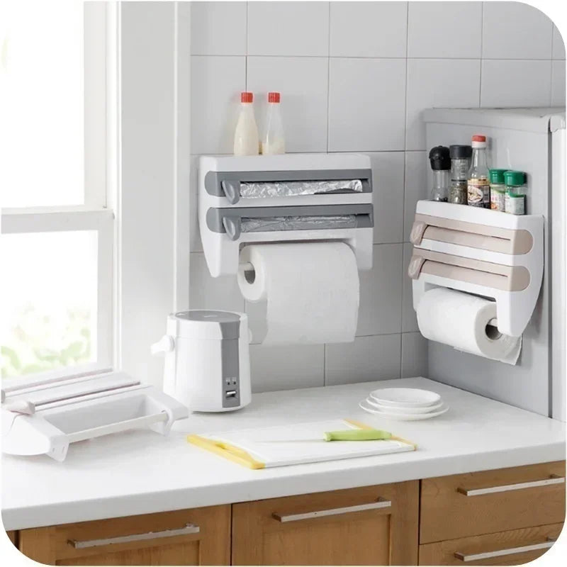 Kitchen Organizer Paper Towel Holder Cling Film Cutting Holders Sauce Bottle Tin Foil PaperKitchens Wall Hanging Storage Rack