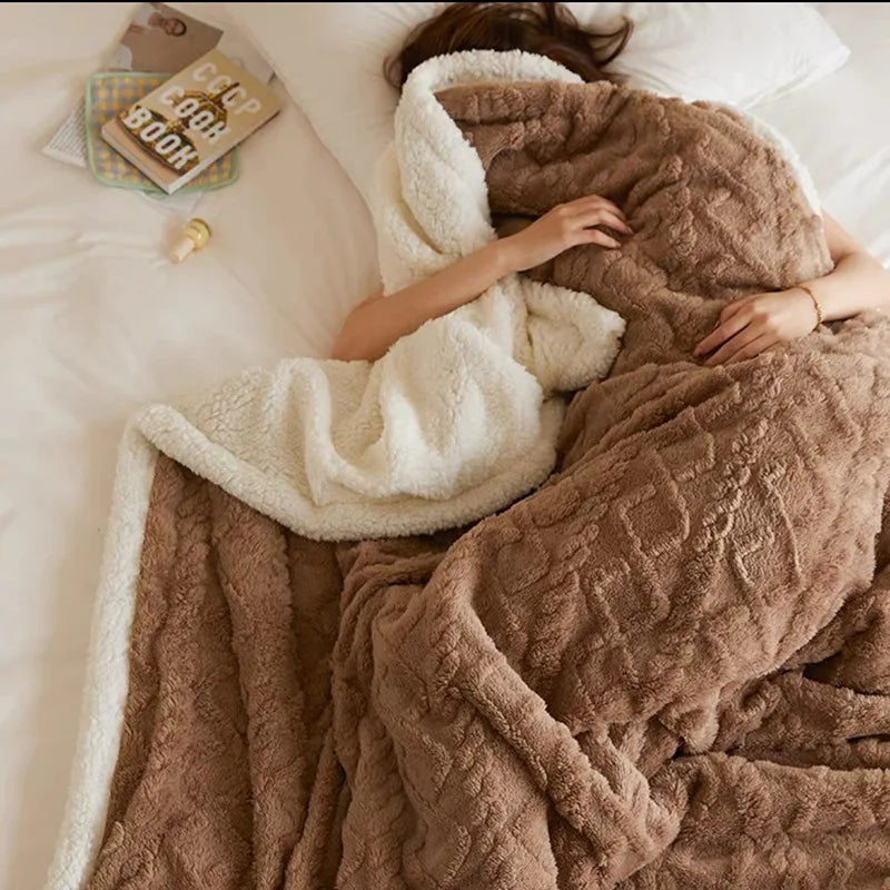 Lamb Wool Thick Winter Blanket Double Side Microfiber Flannel Throw Blanket for Bed Comfortable Super Soft Warm Comforter Double