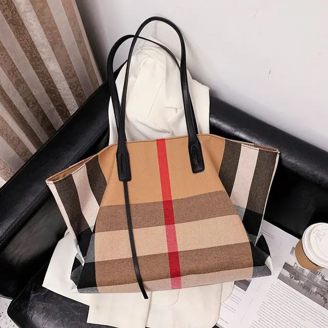 Large Capacity Women Handbag Fashion Stripe Canvas Leather Luxury Female Top Handle Bag Retro New Office Work Lady Shoulder Bag